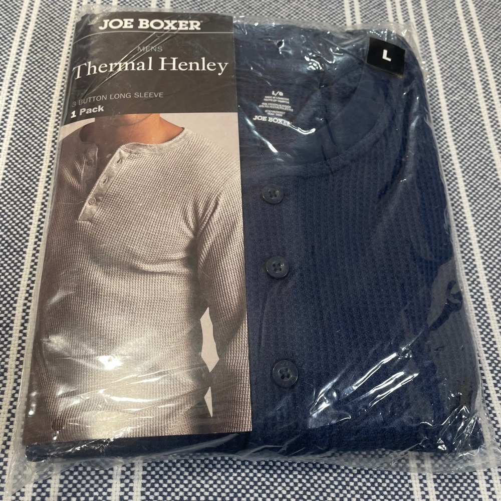 Joe Boxer Mens Thermal Henley Long Sleeve Navy Blue Large Y2K Deadstock NEW